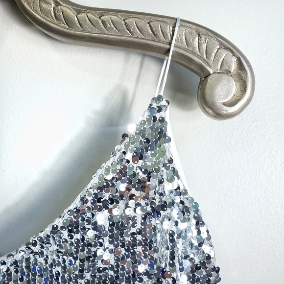 NEW Silver Sequin Mini Dress Spaghetti Strap V Neck Formal Short - Picture 4 of 10